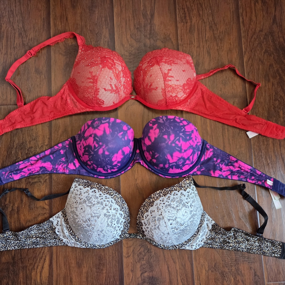 Victoria's Secret Red, Purple, and Black Lace Bra Set